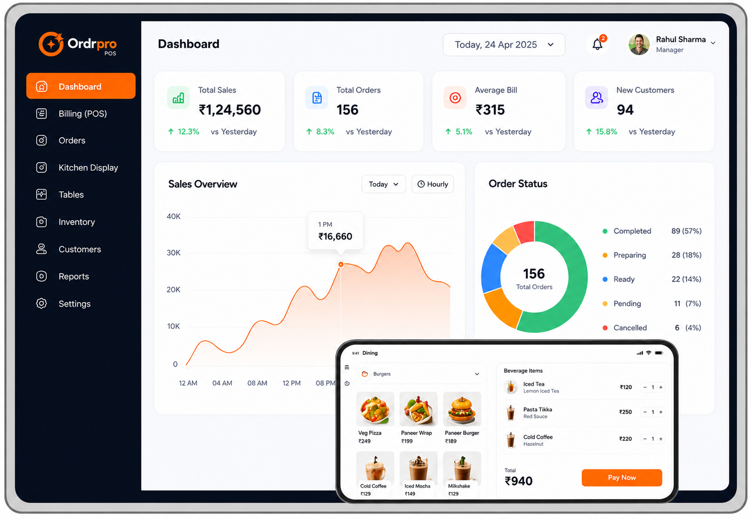 OrdrPro POS dashboard showing daily sales, order status and a mobile billing screen