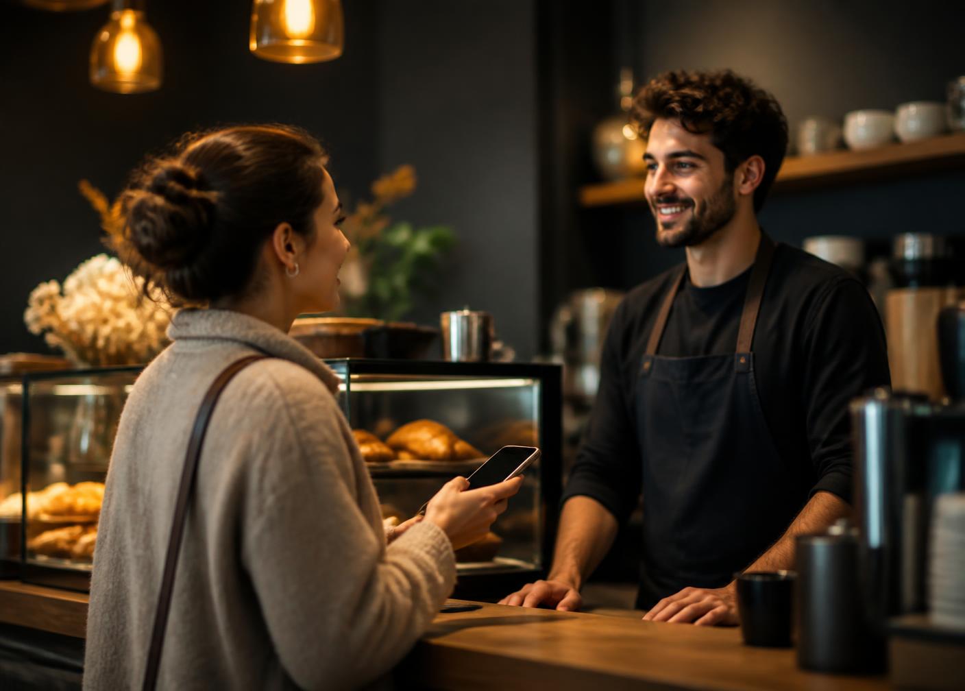 Guest at a cafe counter using a phone
